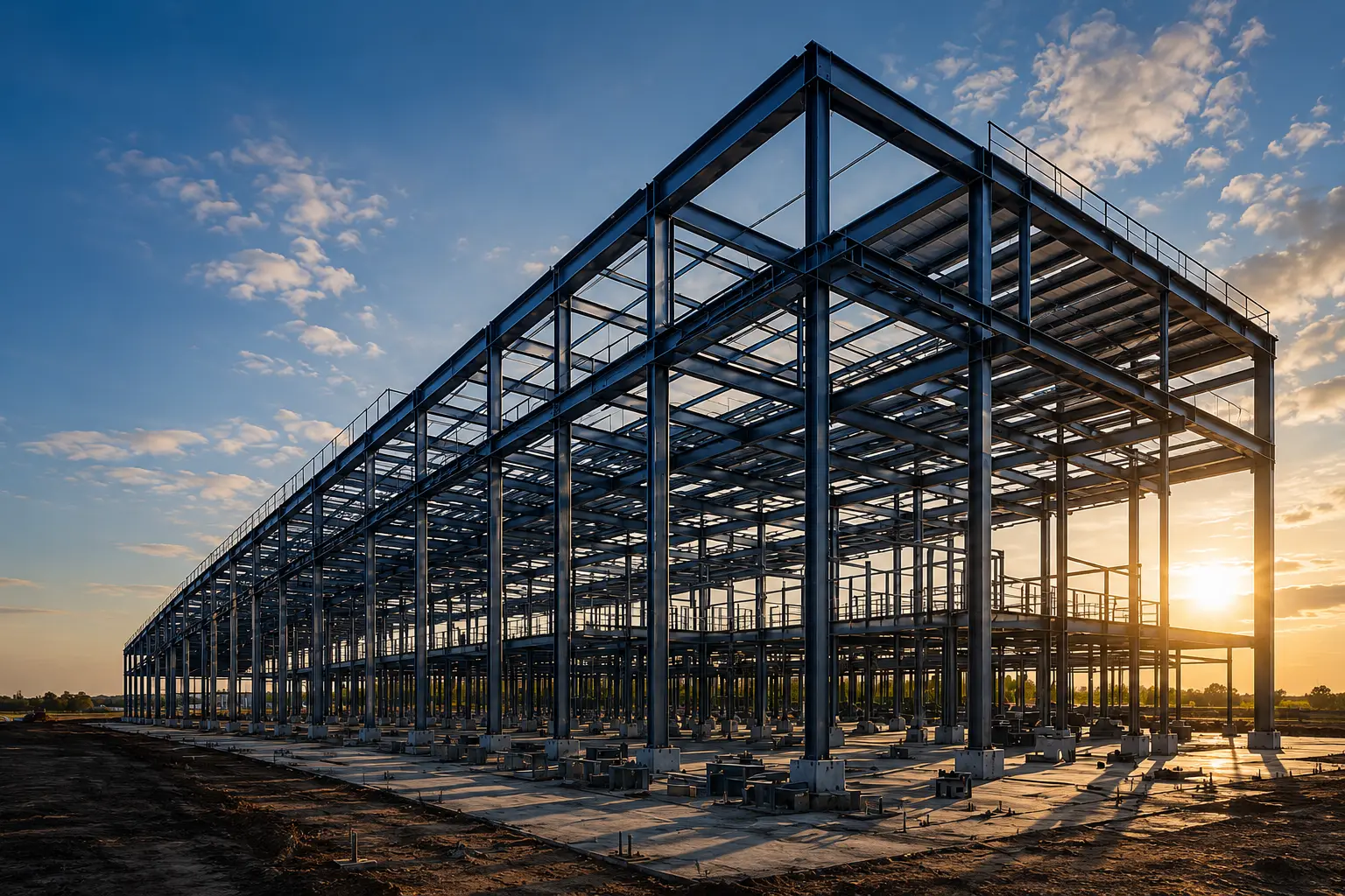 Structural steel PEB framework of an industrial building at sunset